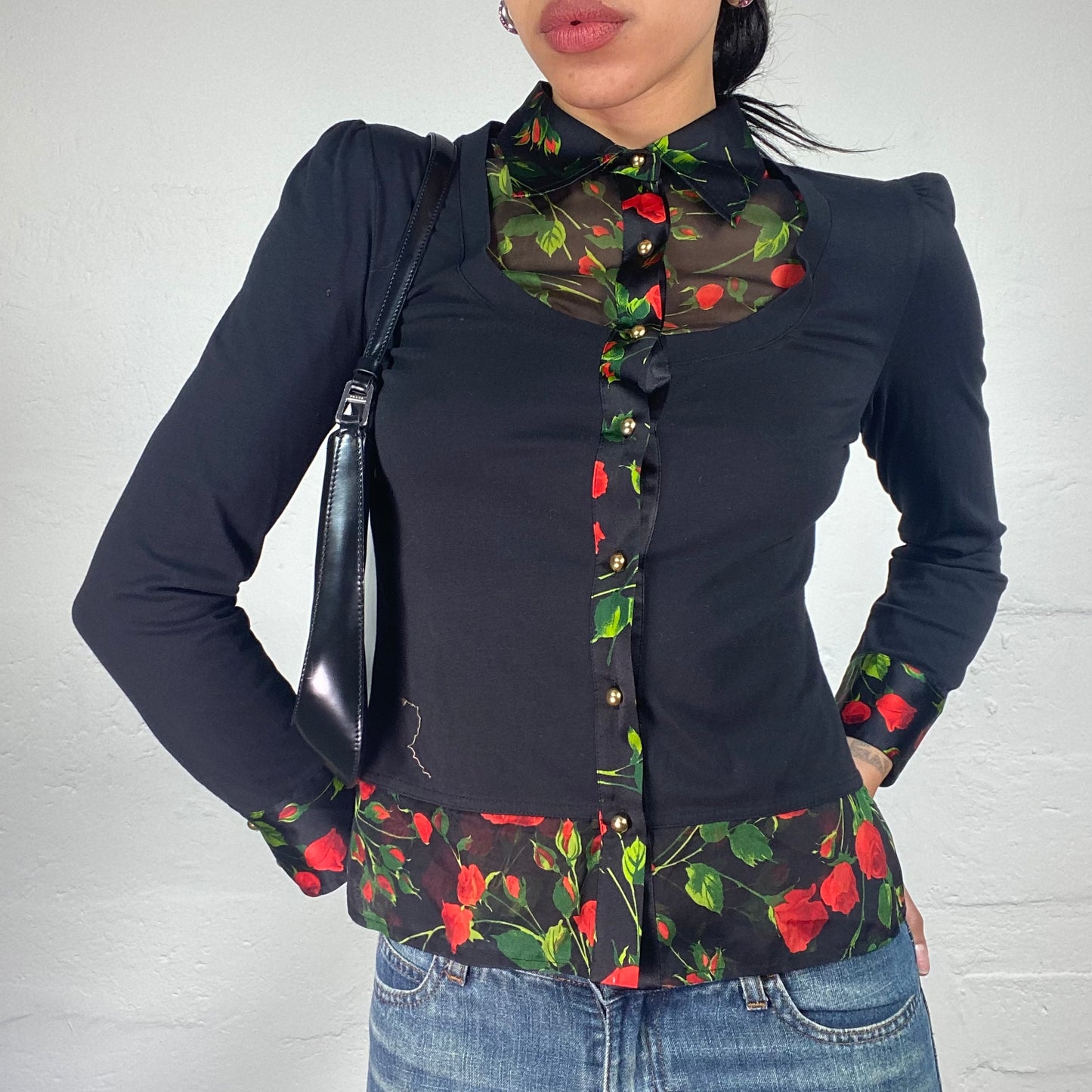 Vintage 2000's D&G Office Girl Romantic Two-Layers Longsleeve Button Up Top with Roses Print (M)