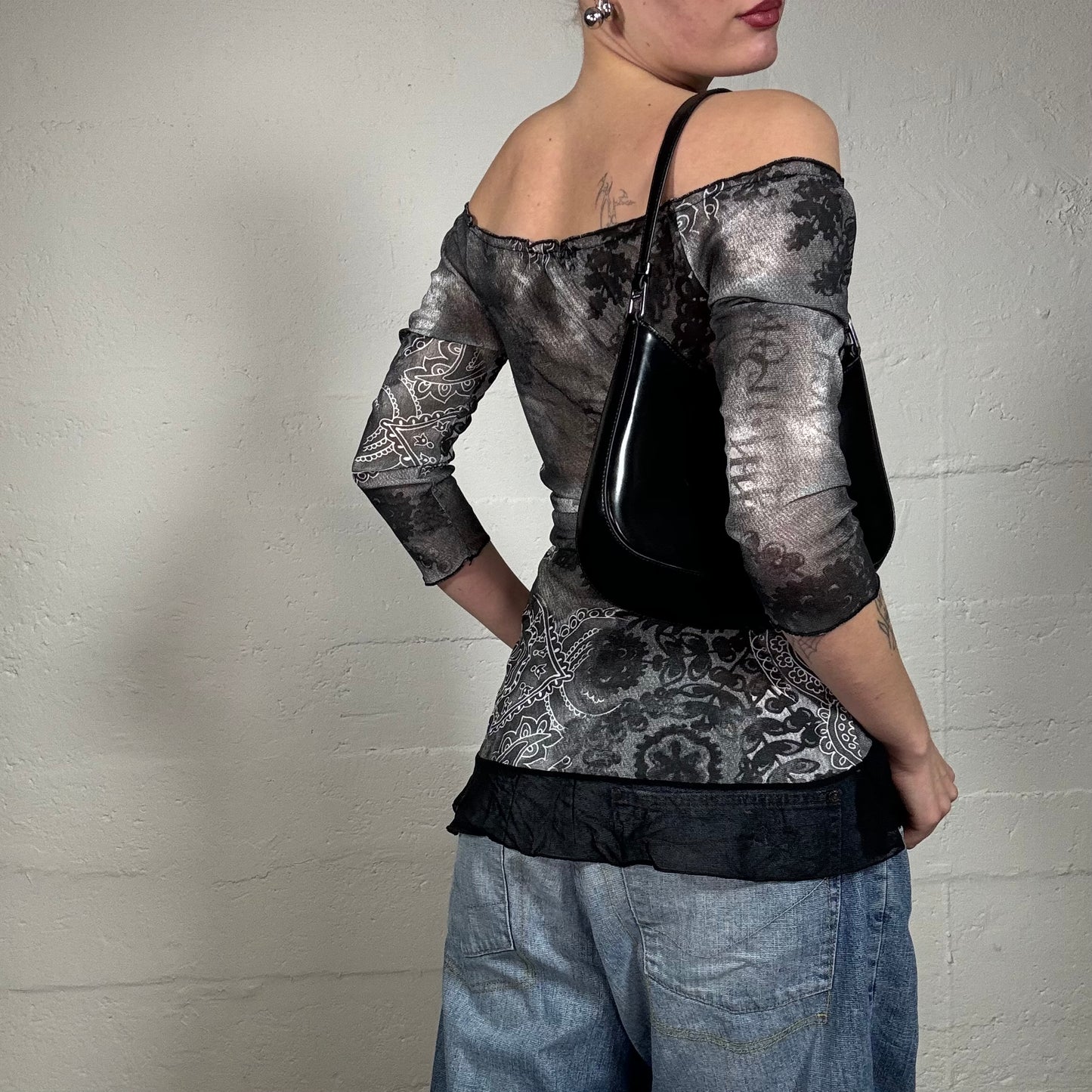 Vintage 2000's Indie Off Shoulder Longsleeve Top Slit and Tie Detail (S)