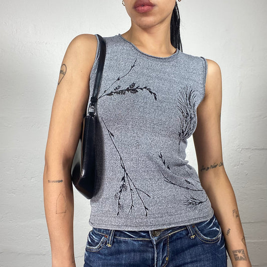 Vintage 2000's Downtown Girl Grey Knitted Jersey Tank Top with Black Leaves Print (M/L)