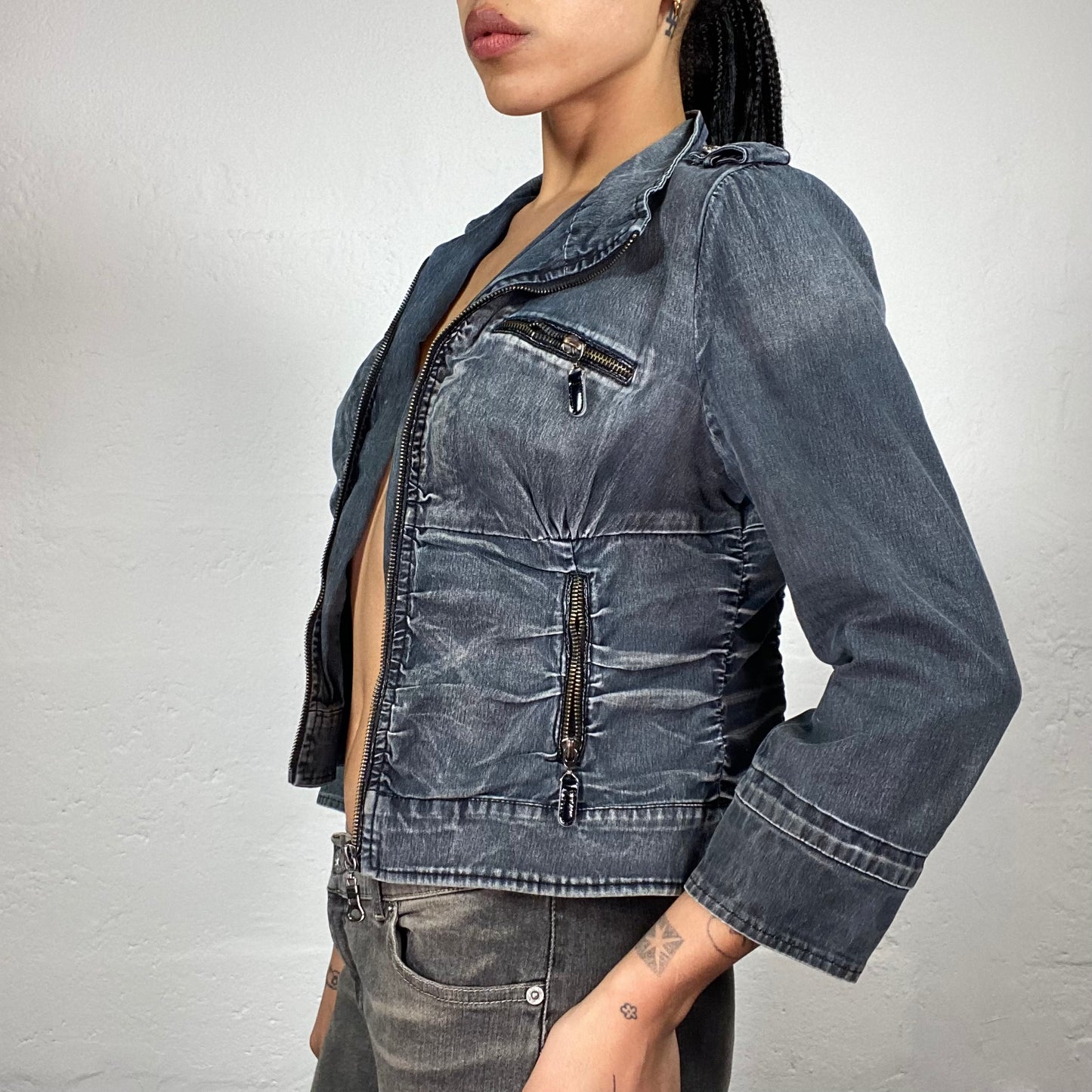 Vintage 2000's Downtown Girl Grey Blue Zip Up Wash Out Effect Denim Jacket (S/M)