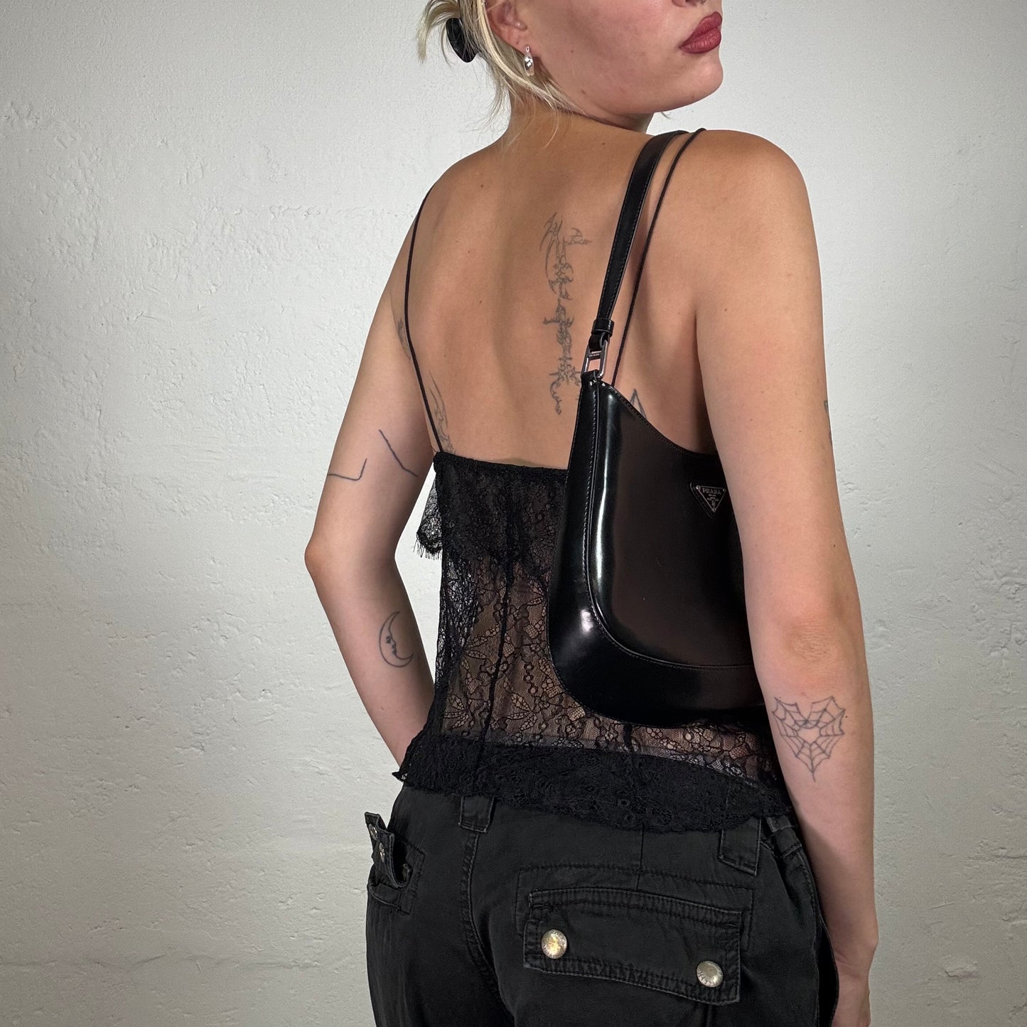 Vintage 2000's Night Out Black Lingerie Style Lace Shiny Top (S)
