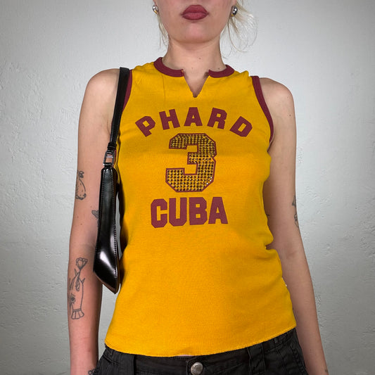 Vintage 2000's Phard Mustard Yellow Cuba Basket Ball Tank Top With Red Trim (M)