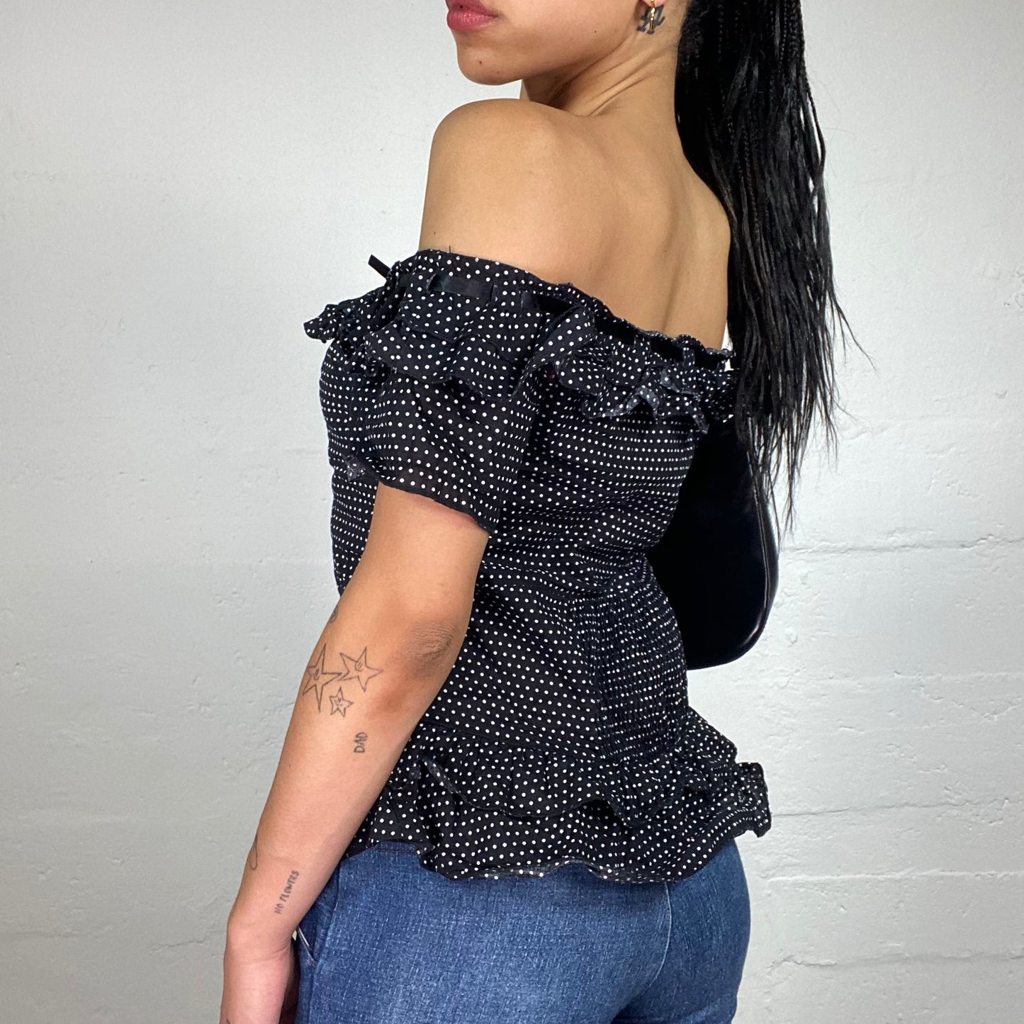 Vintage 2000's Morgan Coquette Black Off Shoulder Button Up Polka Dot Printed Top with Ribbon Detail (M)
