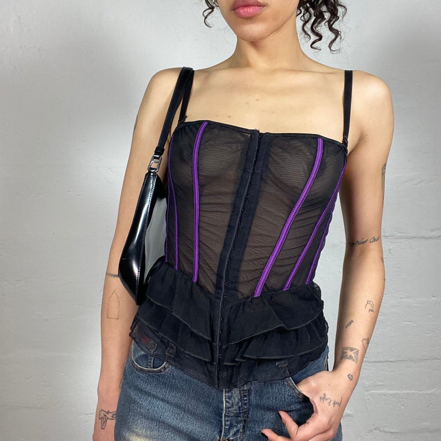 Vintage 2000's Goth Black Mesh Ruffled Bottom Corset with Purple Stripes (S)