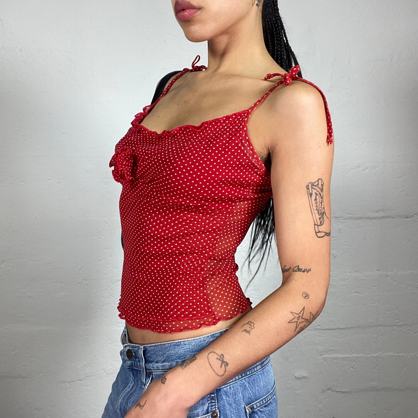 Vintage 2000's Romantic Red Chiffon Cami Too with White Polka Dot Print and Rose Detail (S)
