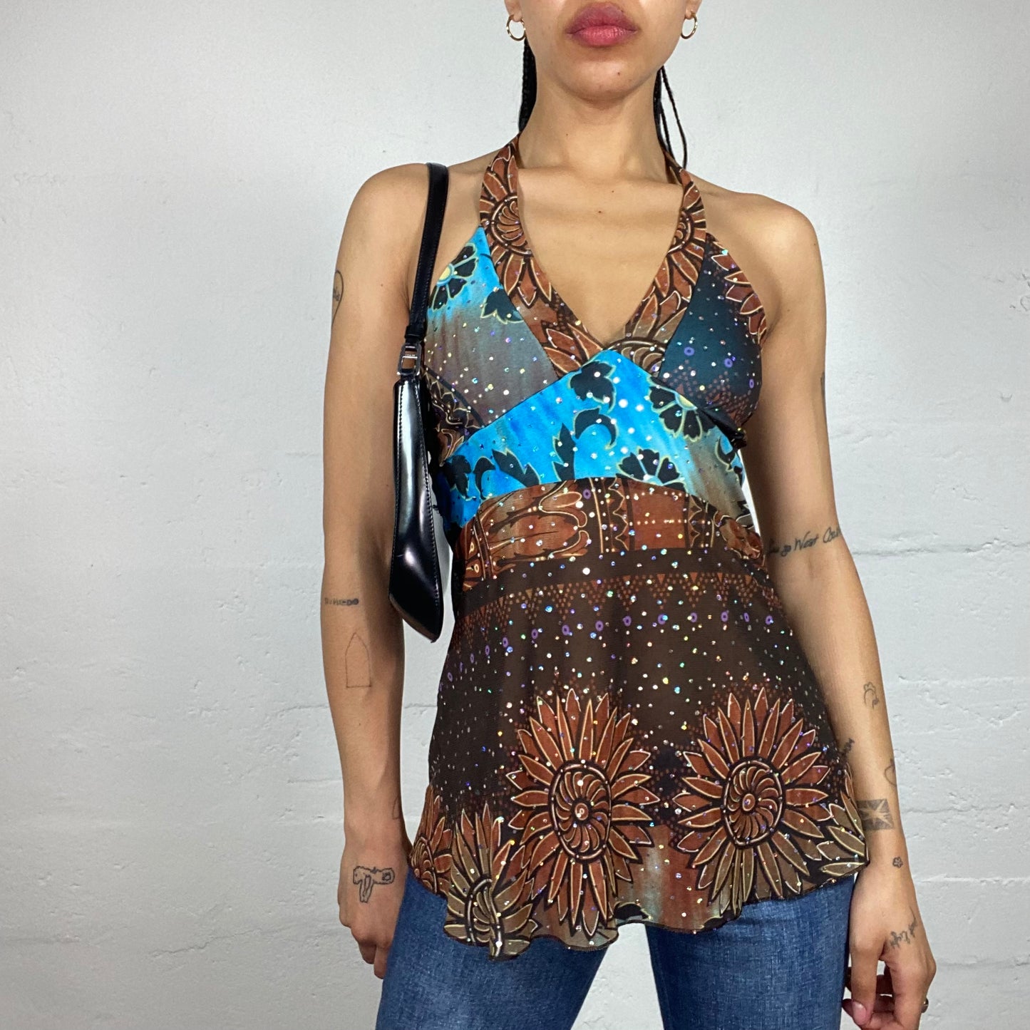Vintage 2000's Glamorous Boho Brown Sunflower Print Blue Accents Neckholder Top with Rhinestone Decorations (S)