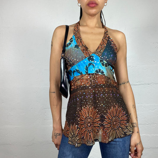 Vintage 2000's Glamorous Boho Brown Sunflower Print Blue Accents Neckholder Top with Rhinestone Decorations (S)