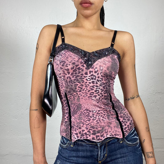 Vintage 2000's Glamorous Pink Leo Print Cami Top with Grey Accents and Sequin Decorations (M)