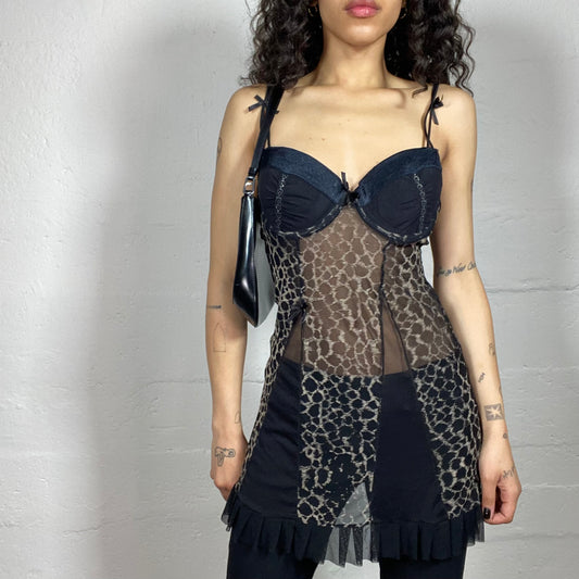 Vintage 2000's Dark Feminine See Through Animal Print Black and Brown Lingerie Dress (S)