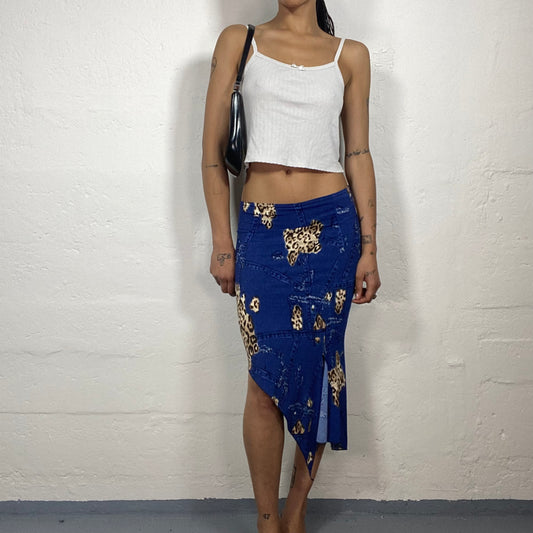 Vintage 2000’s Romantic Deep Blue Denim Effect and Cheetah Patches Print Asymmetric Skirt (S)