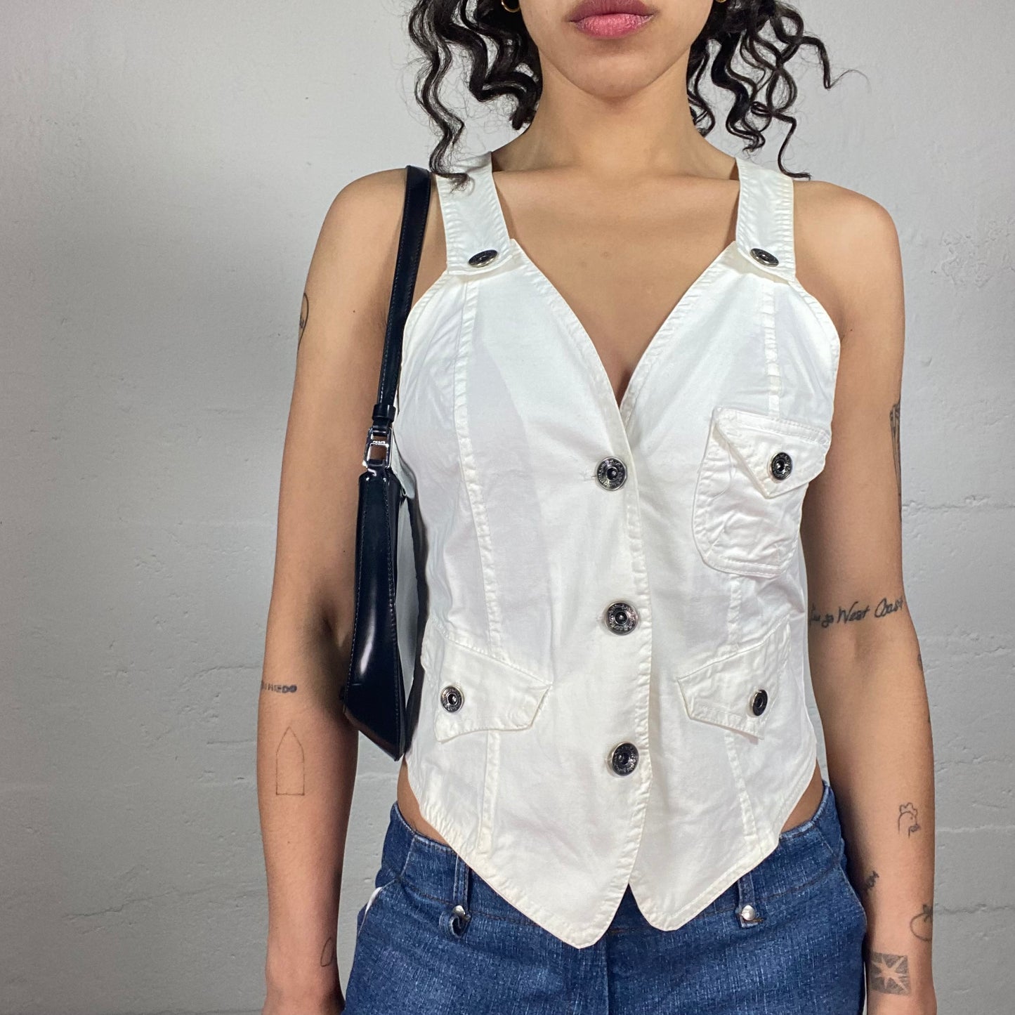 Vintage 2000's Skater Girl White Metal Button Up Vest Top (S)