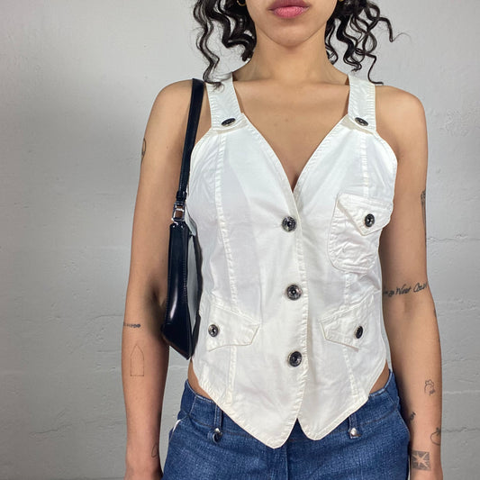 Vintage 2000's Skater Girl White Metal Button Up Vest Top (S)
