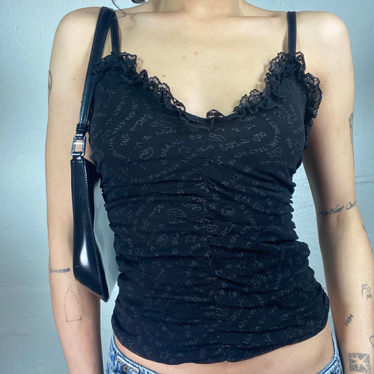 Vintage 2000's Dark Coquette Black Chiffon Typography Printed Cami Top with Ruffled Trim and Mesh Back (S)