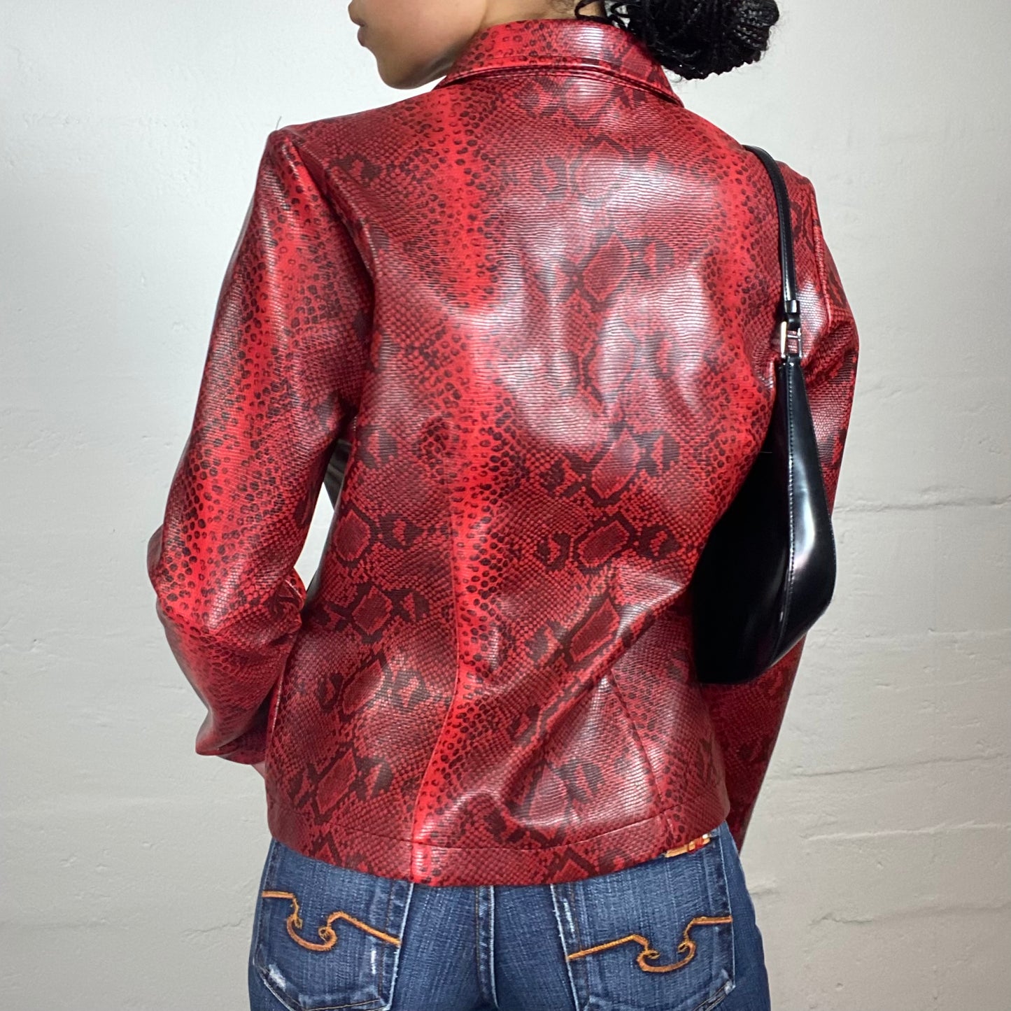 Vintage 2000's Downtown Girl Blood Red Snake Skin Effect Zip Up Jacket (L)