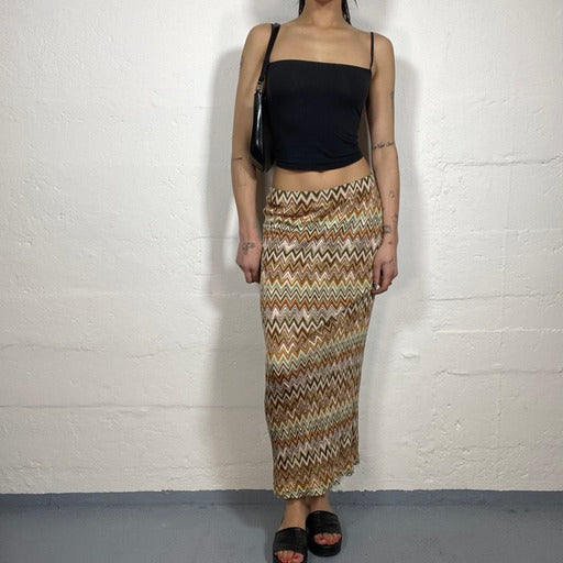 Vintage 90’s Summer Brown and Orange Toned Printed Maxi Skirt (XL)