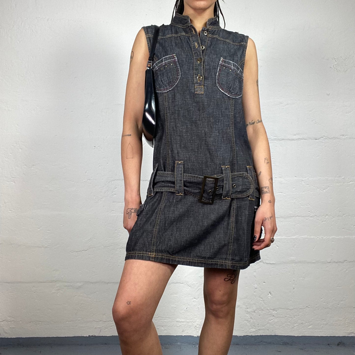 Vintage 2000's Downtown Girl Dark Grey Denim Mini Belted Dress (L)