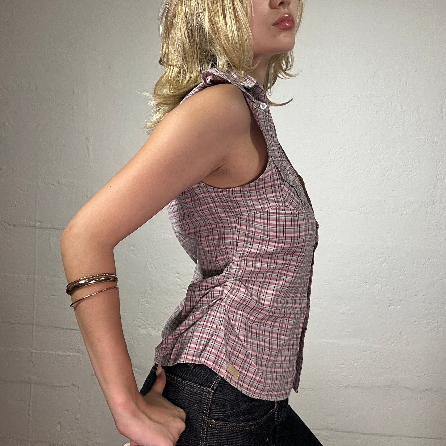 Vintage 2000's Cute Office Girl Pink Toned Checkered Sleeveless Button Up Shirt (S)