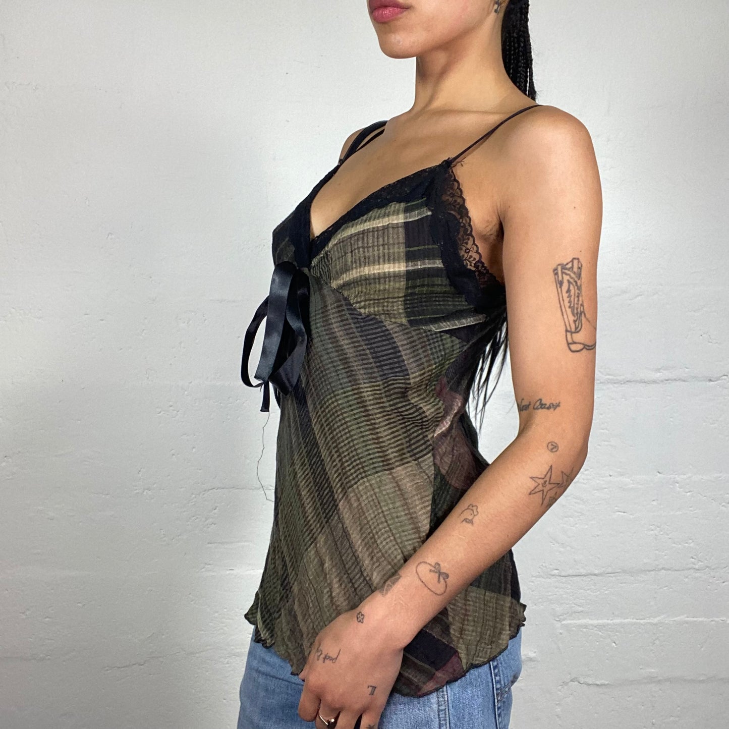 Vintage 2000's Classy Checkered Green and Blank Cami Top with Lace Trim and Silky Ribbon Detail (L)