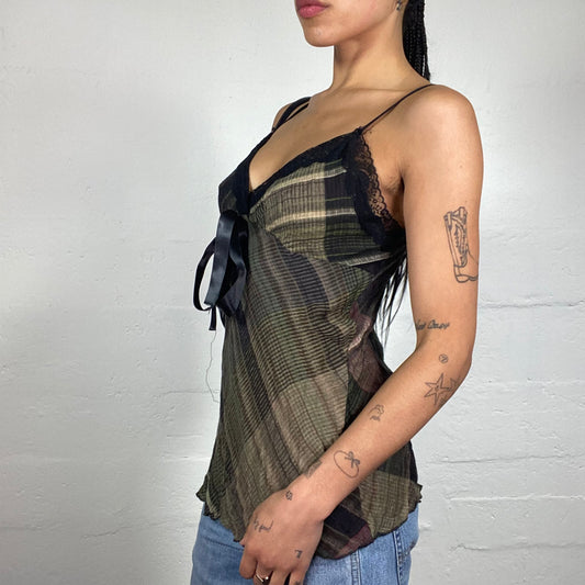 Vintage 2000's Classy Checkered Green and Blank Cami Top with Lace Trim and Silky Ribbon Detail (L)
