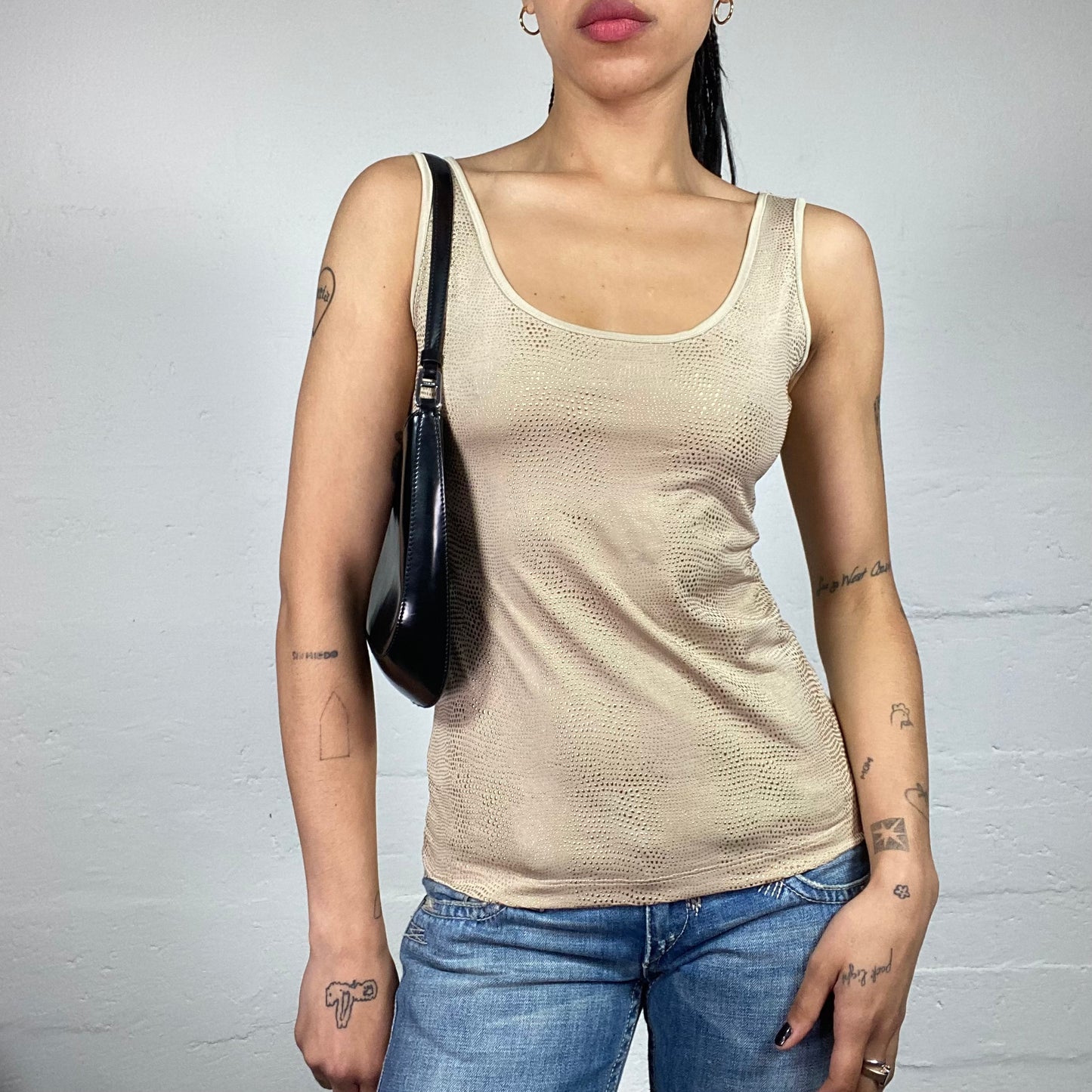 Vintage 2000's Cowgirl Beige Tank Top with Metal Dots Embroidery (S)