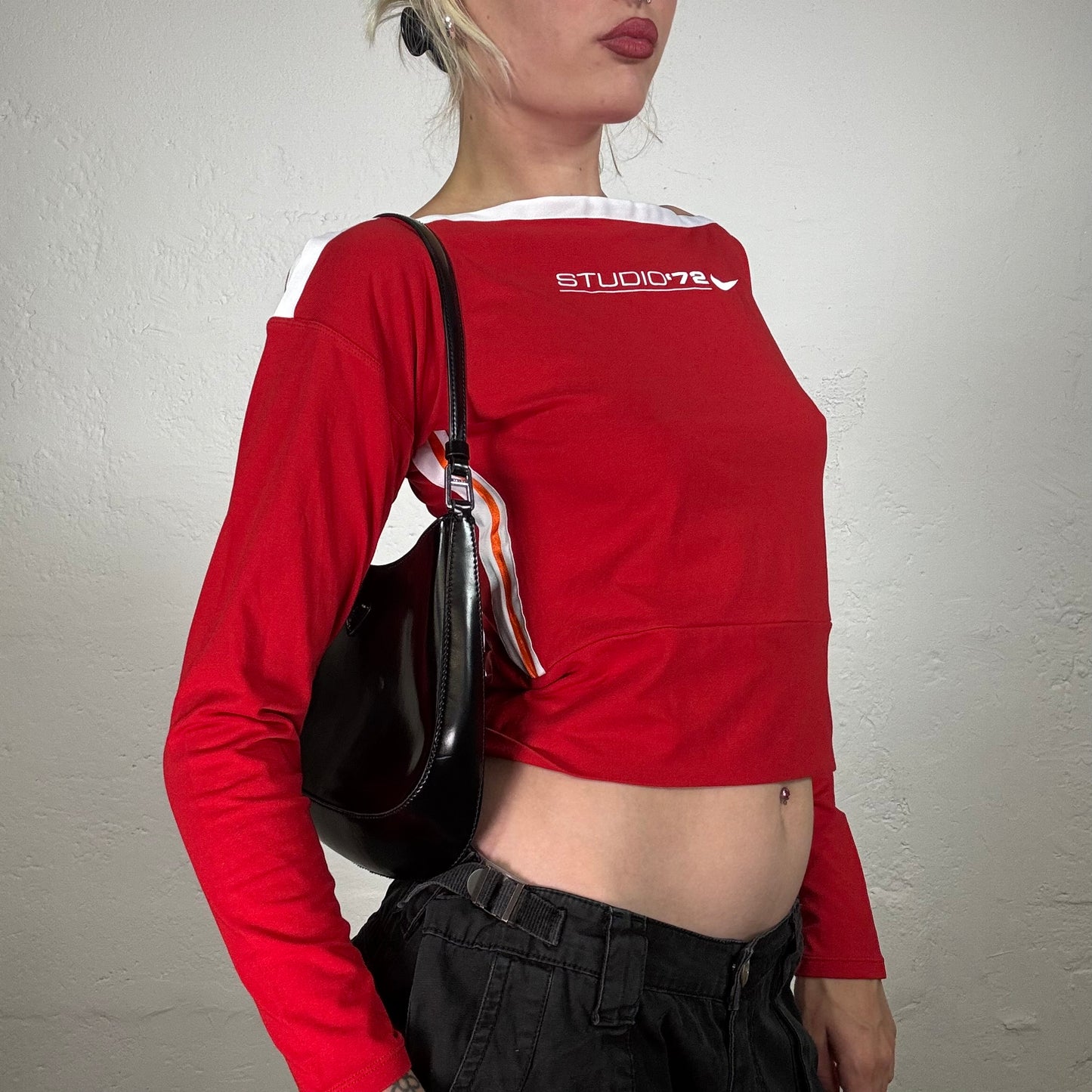 Vintage 2000's Archive Nike Red Longsleeve Top with Whie Stripe Detail and ,Studio 72, Print (S/M)