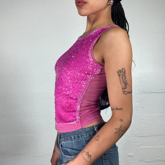Vintage 2000's Clubwear Barbie Pink Sequins Covered Shiny Tank Top (S)