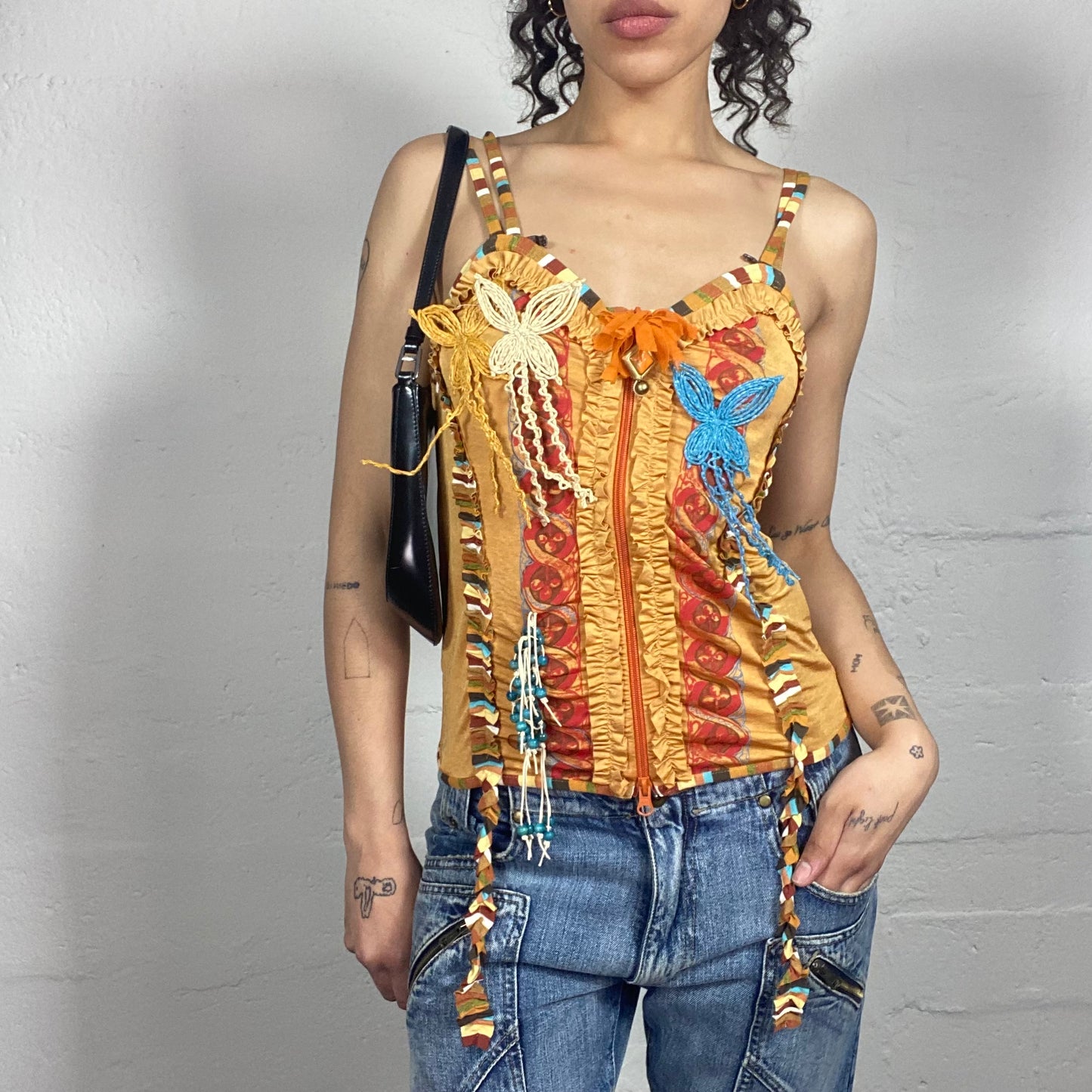 Vintage 2000's Save the queen Yellow Multiple Orange and Blue Embroidery Cami Top (L)
