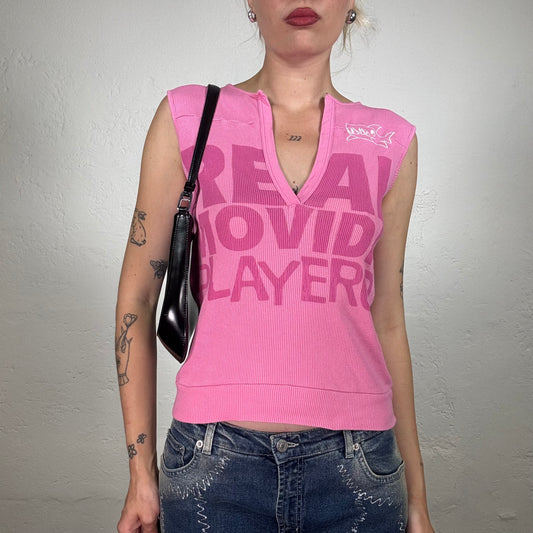 Vintage 2000's Skater Girl Pink Ribbed V-Neck Tank Top with Writing and Shark Print (S)