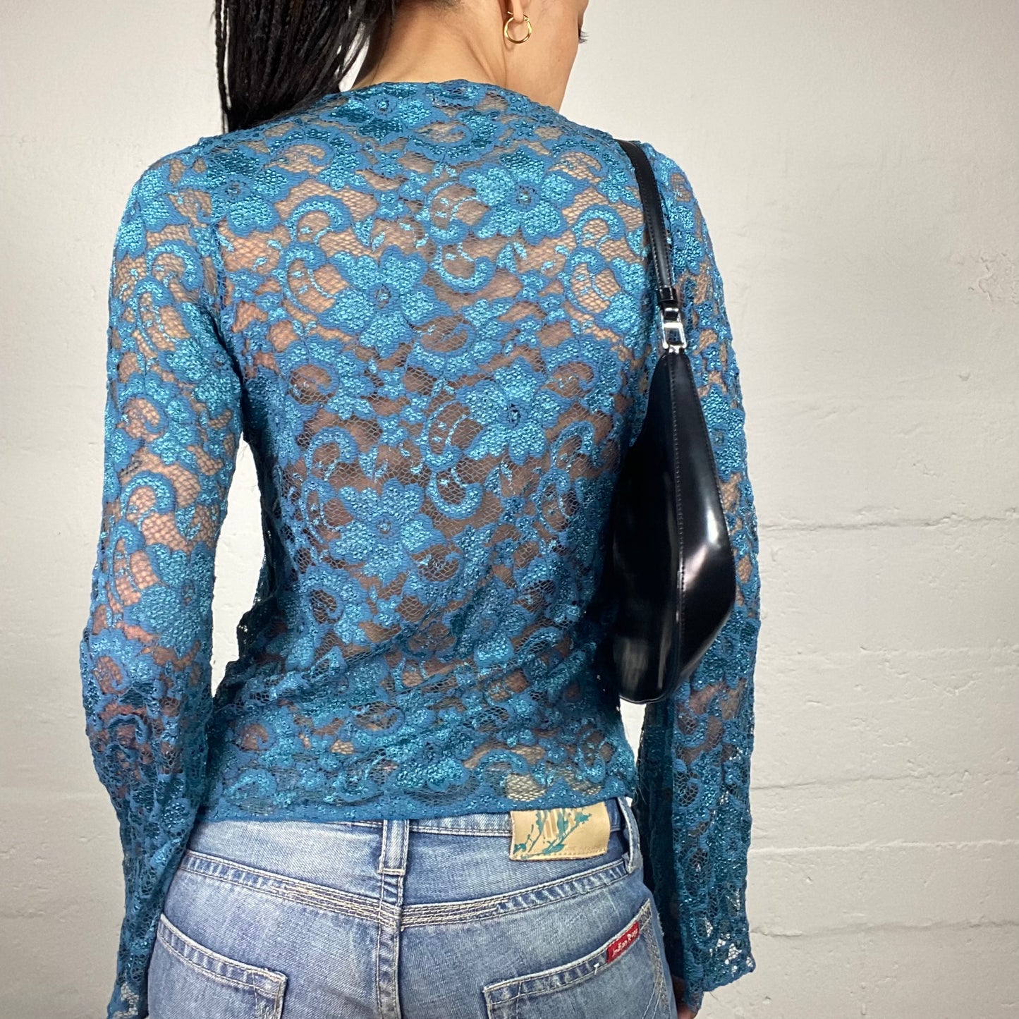 Vintage 2000's Romantic Blue Shimmer Lace and Satin Longsleeve Bolero Top (S)