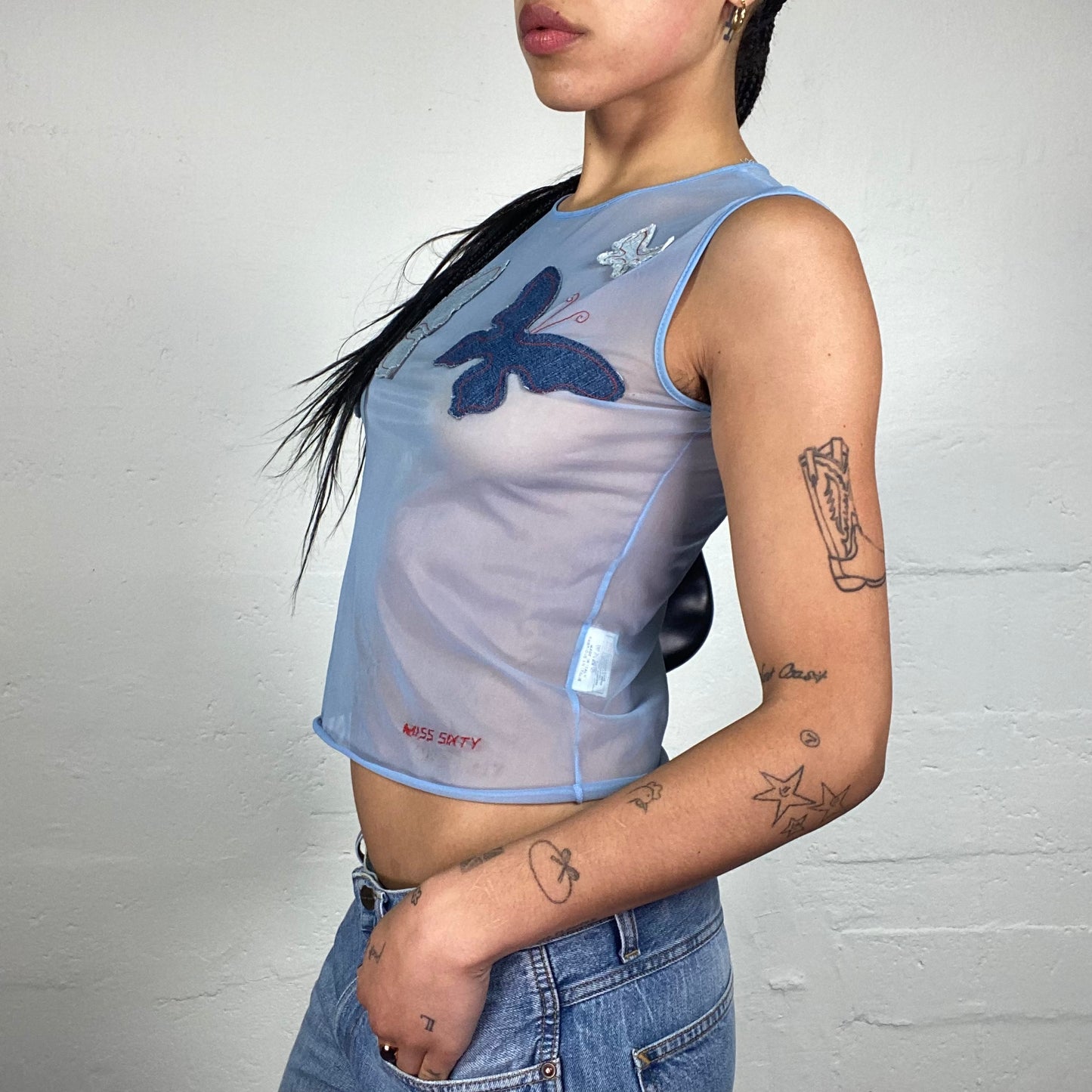 Vintage 2000's Downtown Girl Miss Sixty Mesh See Through Blue Tank Top with Butterflies Embroidery (S)