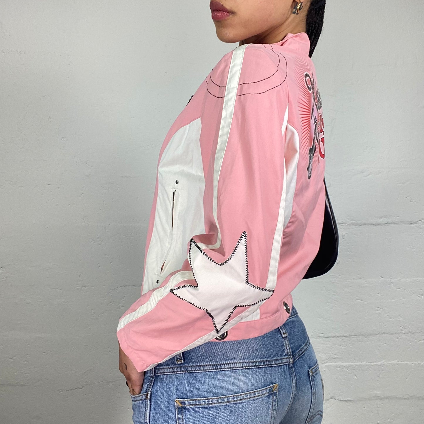 Vintage 2000's Phard Biker Girl Pink and White Zip Up Jacket with Kiss My Dust Back Print and Start Arm Patches (M)