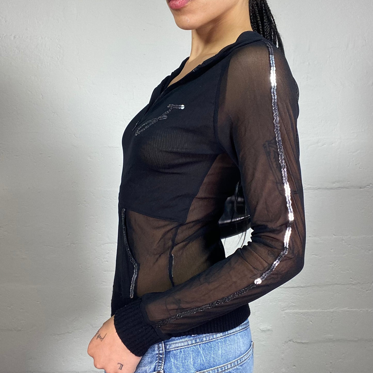 Vintage 2000's Glamorous Black Mesh Details Zip Up Hooded Top with Silver Sequin Embroidery (S/M)