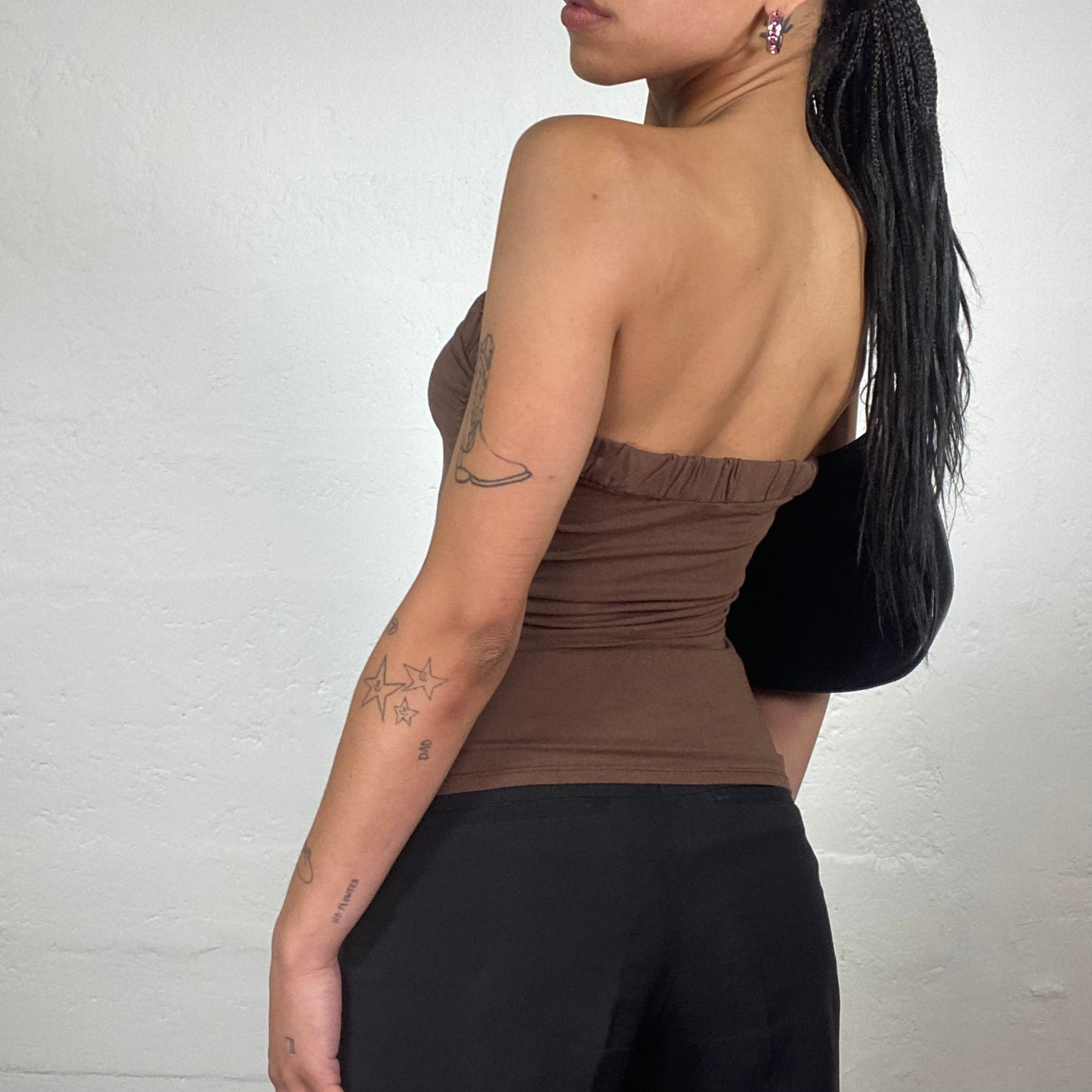 Vintage 2000’s Glamorous Cream Brown Tube Top with Satin Draped Piece and Gemstone Details (S)