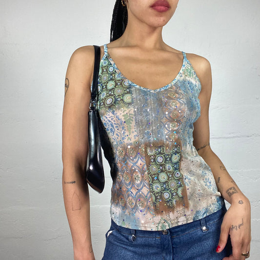Vintage 2000's Downtown Girl Blue and Green Printed Cami Top with Rhinestone Decoration (M)