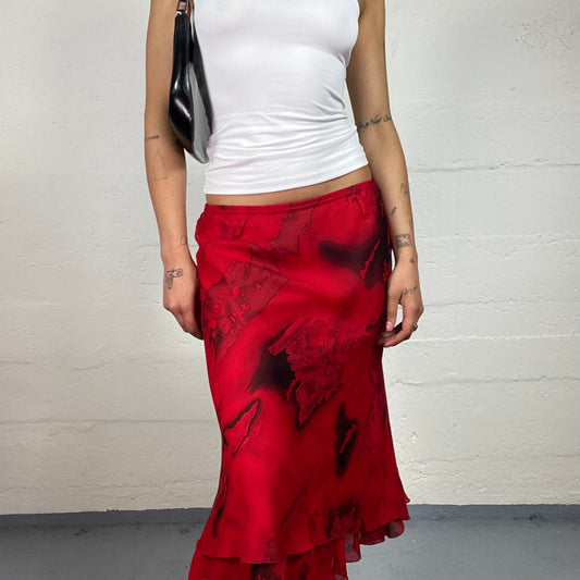 Vintage 2000's Vamp Girl Dance Chiffon Blood Red and Black Fade Midi Skirt (L)