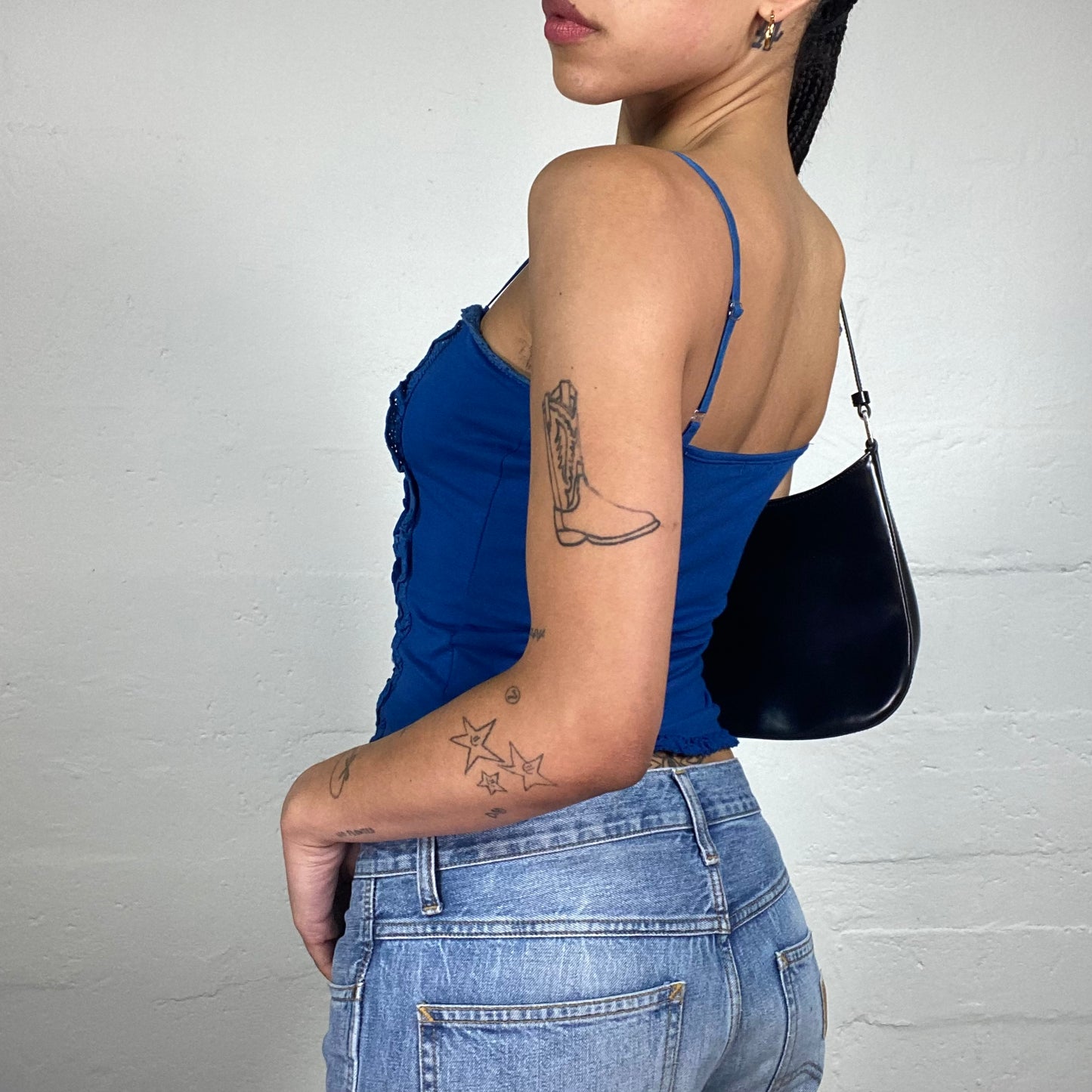 Vintage 2000's Sunny Day Walk Royal Blue Cami Top with Ruffles and Silky Lace Up Details (M)