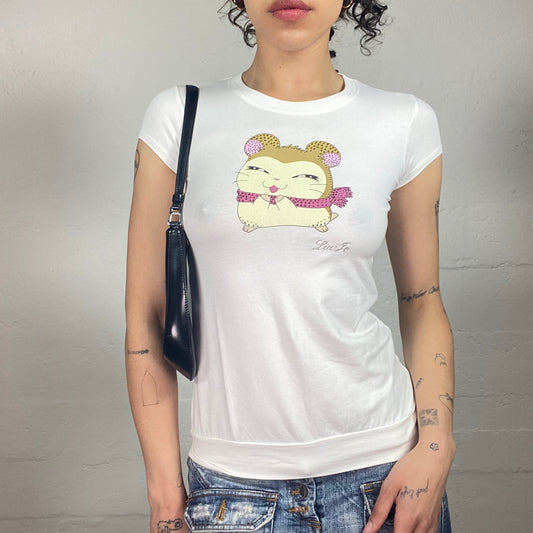 Vintage 2000's Cute White Micro Sleeves Tee with Cartoon Print (S)