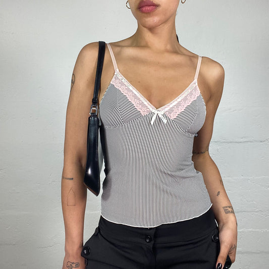 Vintage 2000's Morgan Soft Girl Black and White Striped Cami Top with Pink Lace Trim (S)