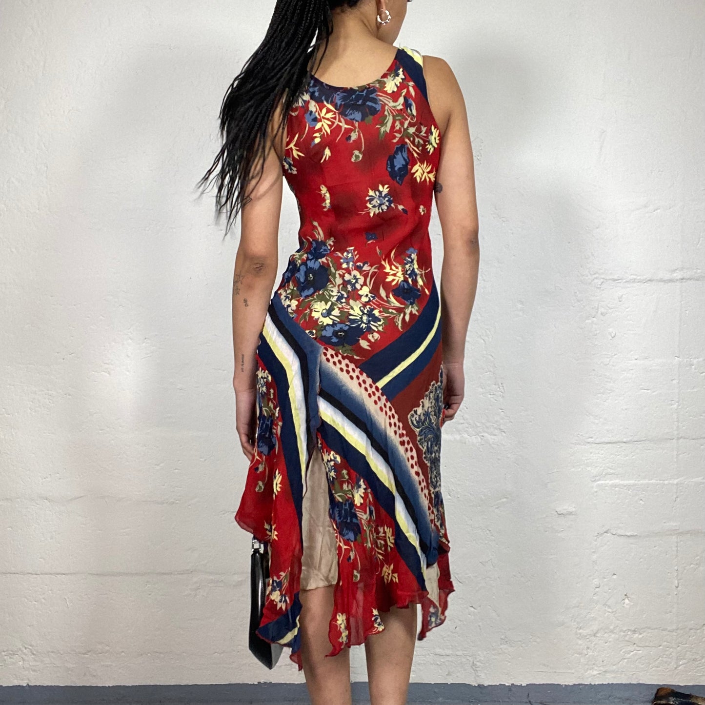 Vintage 2000's Boho Summer Girl Red and Blue Multiple Print Side Cut Midi Dress with Shoulder Bindings (S)