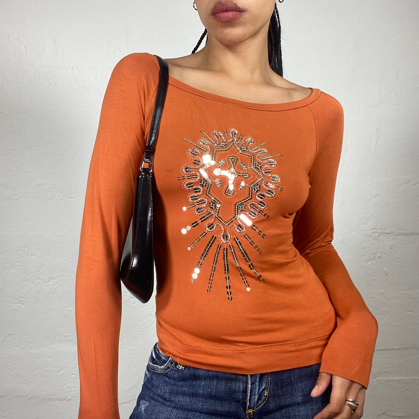 Vintage 2000's Glam Downtown Girl Orange Longsleeve Top with Sequin Embroidery (S)