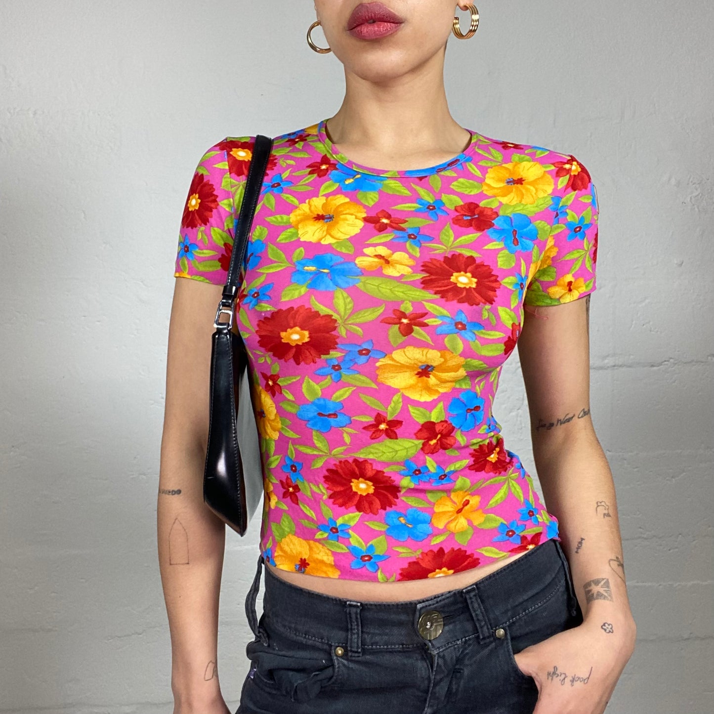 Vintage 2000's Fun Summer Multicoloured Flowers Printed Baby Tee (S)