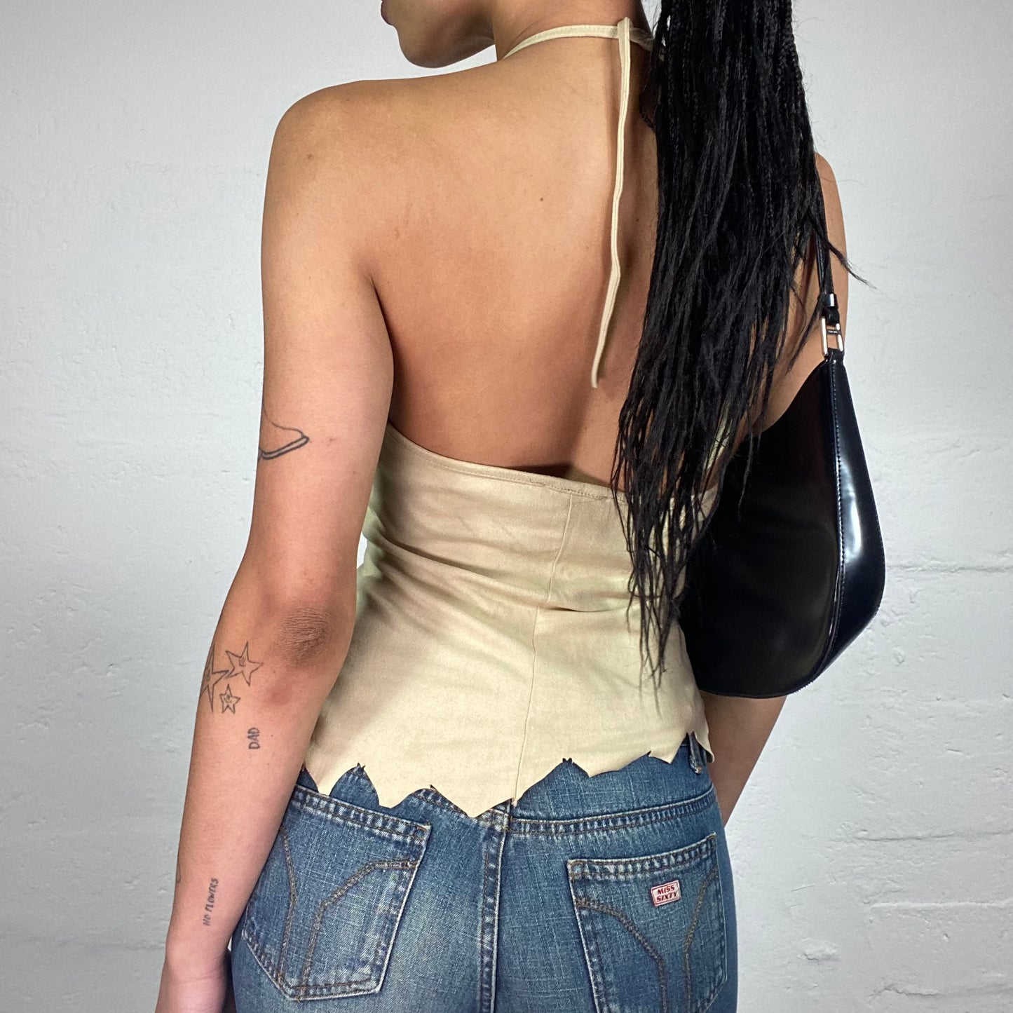 Vintage 2000's Soft Girl Draped Cream Neckholder Top with Geometric Cut Trim (S)
