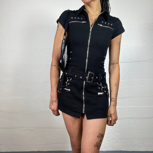 Vintage 2000's Grunge Biker Girl Black Zip Up Collared Mini Dress with Metal Zipper Details (S)