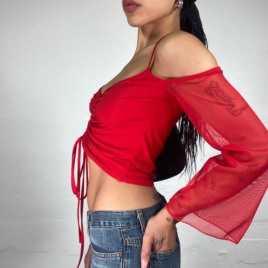 Vintage 2000's Romantic Red Rubber Draping Cami Top with Chiffon Flare Sleeves (S)