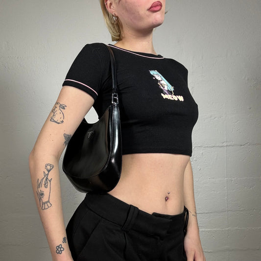 Vintage 2000's Cute Black Cropped Baby Tee with Cartoon Meow Print (S)