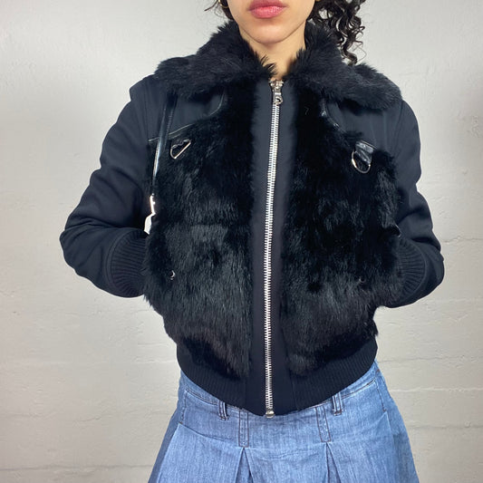 Vintage 2000's Glamorous Black Classy Bomber Jacket with Fur Details (L)