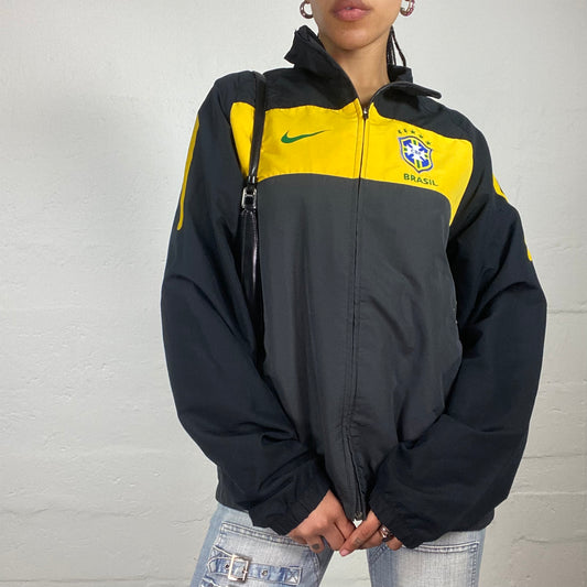 Vintage 2000’s Archive Nike Sporty Black and Grey Zip Up Windbreaker with Yellow Print Details (S)