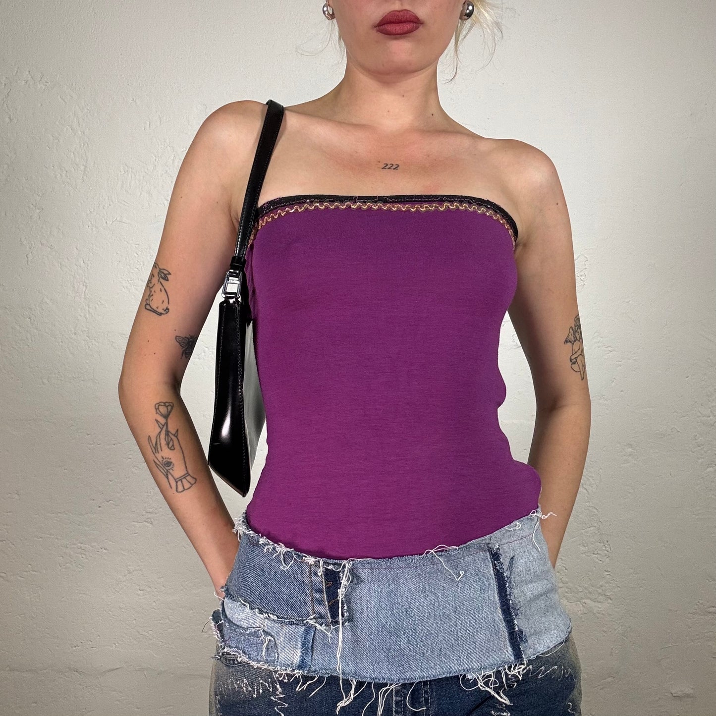 Vintage 2000's Downtown Girl Purple Bandeau Top with Seqin Detail and Denim Bottom Hem (S)