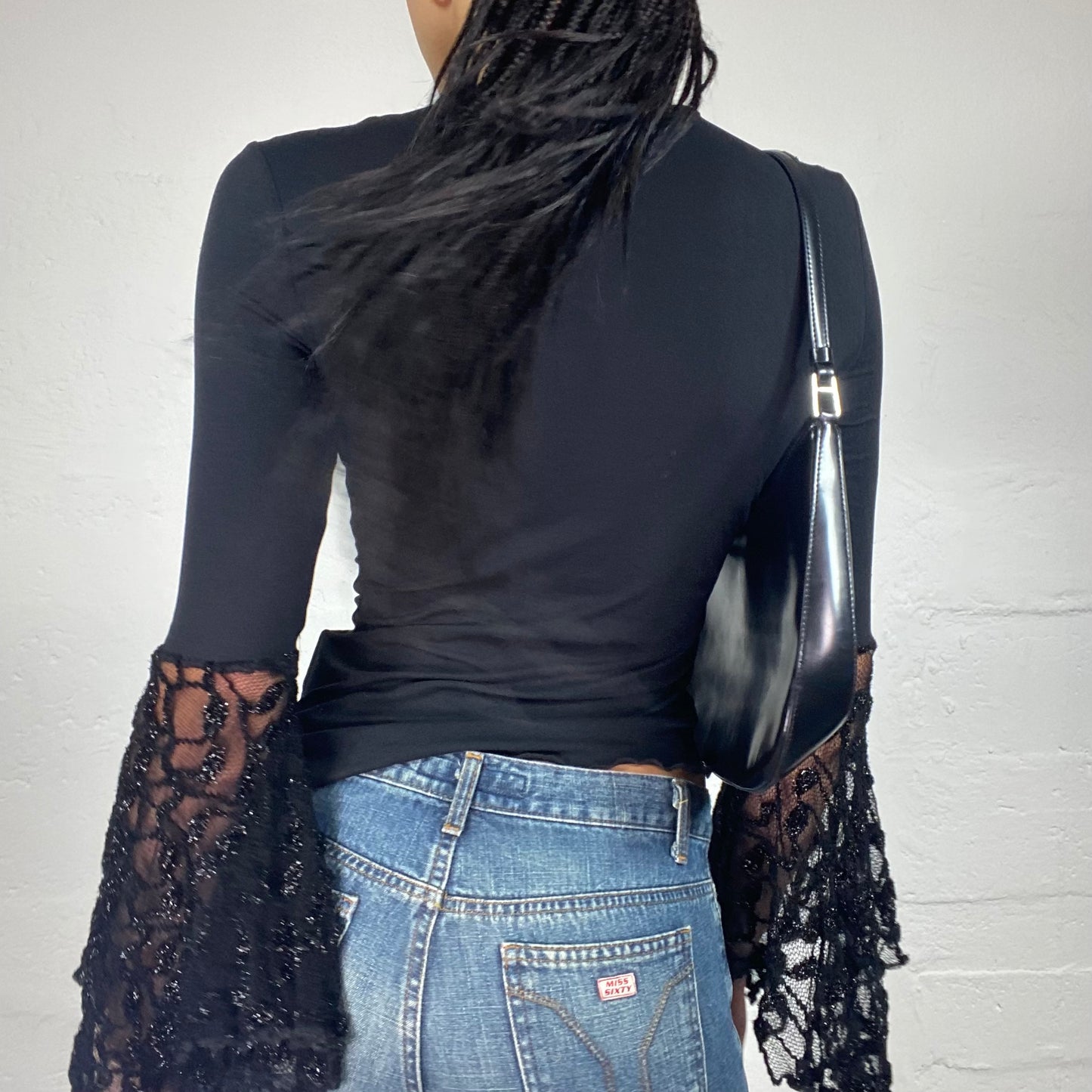 Vintage 2000's Chic Boho Black Asymmetric Mott Top with Sequin Decorated Flare Sleeves (S)