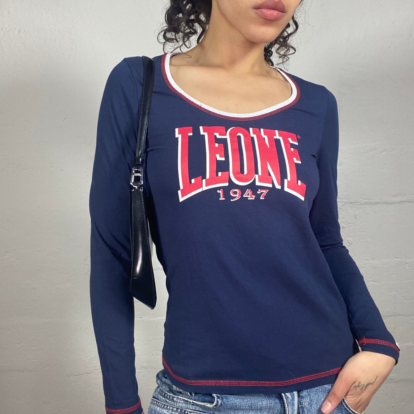 Vintage 2000's Sporty Navy Blue Longsleeve Top with Leone Red Print and Red Seaming (M)